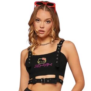 HELLO KITTY goth kawaii neon graphic strappy‎ grommet cropped bustier top L